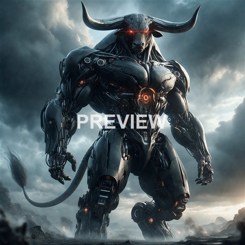 A colossal, humanoid robot with a bull-like head and glowing red eyes stands in a dark, stormy landscape, showcasing a combination of advanced machinery and intimidating presence.